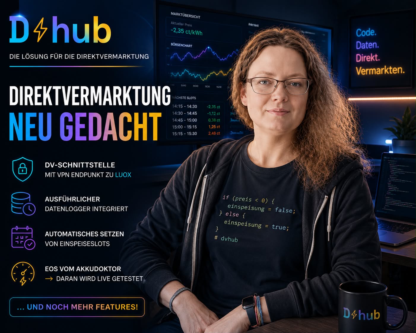 DVhub Direktvermarktung neu gedacht — Marktübersicht, Börsenchart und automatische Einspeiseslots im Blick